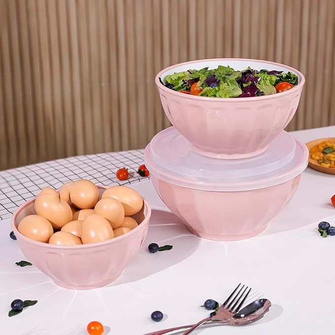 BoxedHome Mixing Bowls with Lids Set, 4PK Large 0.2” Thick Plastic Nesting Mixing Bowl, Microwave Safe,Size 1.37,2.32,3.8 and 5.07qt, Pink