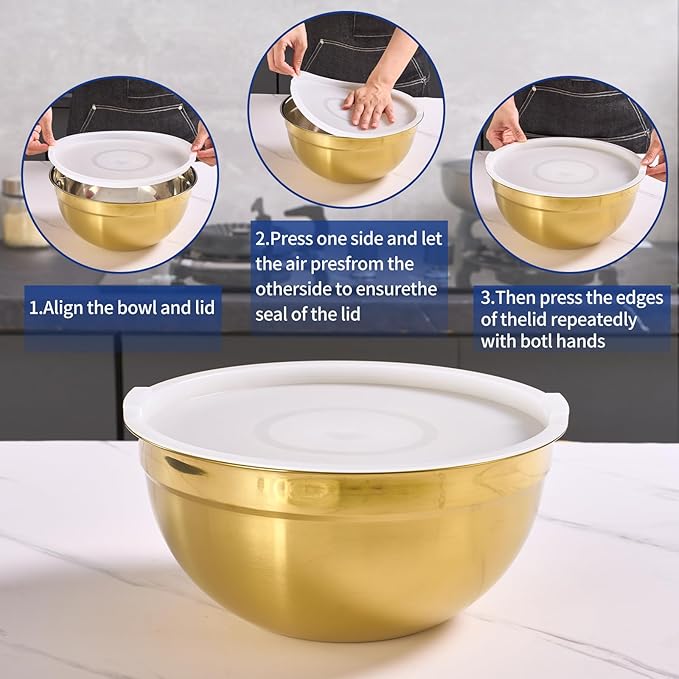 Gold Mixing Bowls with Airtight Lids, Stainless Steel Nesting Mixing Bowls Set of 5, Ideal for Baking, Prepping and Serving Food, Size 5.5, 3.6, 2.7, 2.1, 1.5, QT, Stackable Design