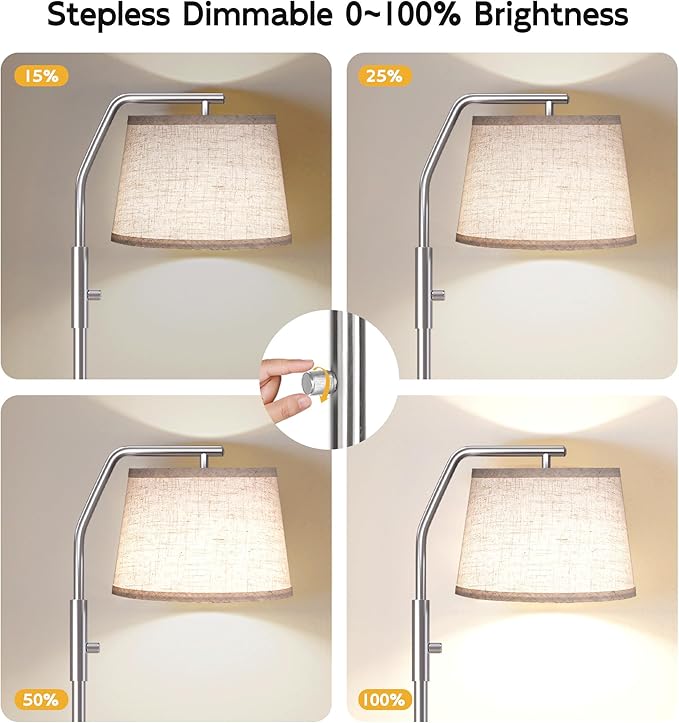 SUNMORY Floor Lamps for Living Room, 9W Bulb Included, Lamp for Bedroom with Adjust Head, Standing Lamp with Rotary Switch, 0-100% Dimmable Floor Lamp for Living Room Bedroom Office Nursery, Nickel.