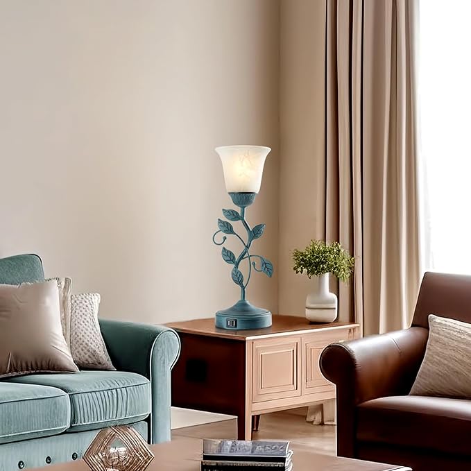 RORIANO Vintage Touch Table Lamp for Living Room, 3-Way Dimmable Nightstand Lamp with 2 USB Ports, Farmhouse Rustic White Glass Shade Leaf Desk Lamp for Bedroom End Table, LED Bulb Included