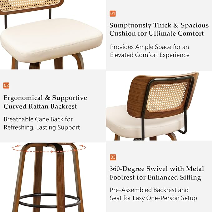 Swivel Counter Height Stools - 26 inch Counter Stools Set of 3 with Curved Rattan Back, Walnut Craftsmanship, Upholstered Seat, Counter Height Bar Stool for Island/Pub/Kitchen (26" Seat Height, Beige)