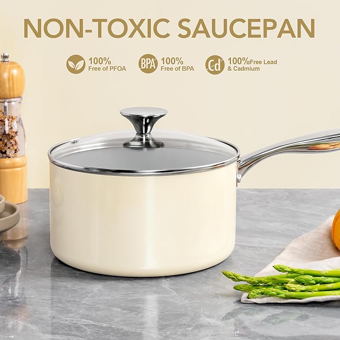MICHELANGELO 3 Quart Saucepan with Lid - Non Toxic Sauce Pan with Nonstick Ceramic Coating, Scratch-Resistant, Induction Saucepan Suitable for All Stovetops, Beige