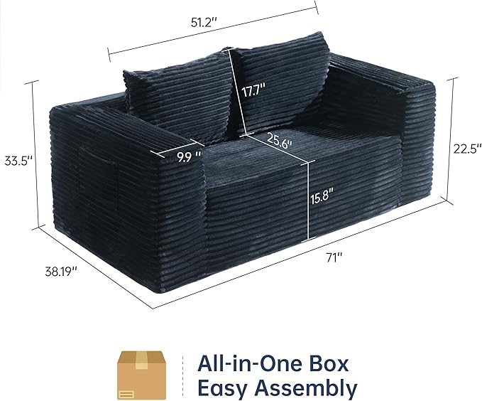 TeQsli Loveseat Sofa, 71" Foam Sofa in a Box, Plush Corduroy Deep Seat Couch, No Assembly Needed, Modern Sofa for Compact Living Rooms, Apartments, and Offices