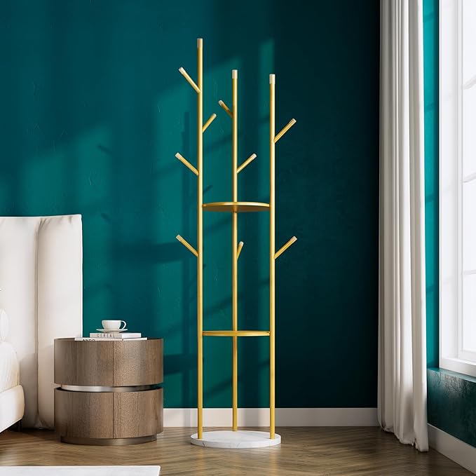 Gold Coat Rack Stand,Freestanding Coat Racks whit Marble base,heavy duty coat hanger Stand,metal Coat Rack with 3 Shelves and 9 Hooks,Coat Tree for Entryway, Bedroom, Coats, Bags,