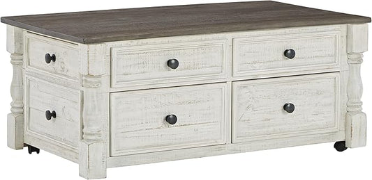 Signature Design by Ashley Havalance Farmhouse Lift Top Coffee Table with 4 Storage Drawers and Small Storage Tray, Whitewash