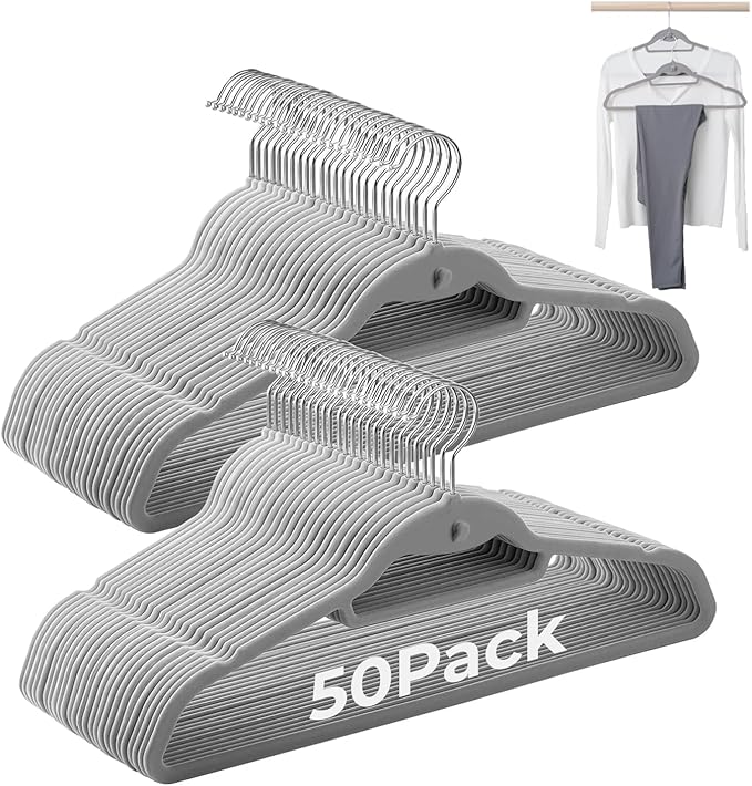 Grey Velvet Hangers 50 Pack, Felt Covered Non Slip Fabric with Stackable Cascading Hook, Ultra Thin and Space Saving with 360° Swivel Neck, 15Lbs Capacity for Clothes, Suit, Shirt, Coat
