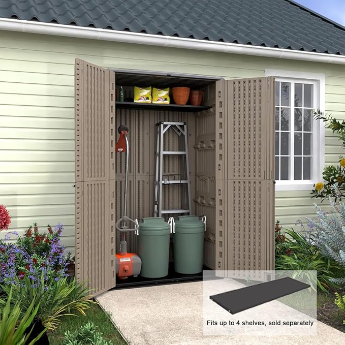 KINYING Sheds & Outdoor Storage, 66 cu.ft Vertical Outdoor Storage Cabinet, Resin Storage Sheds Outdoor with Floor for Garden Tools,Patio Furniture,Garbage Cans(Brown Color)