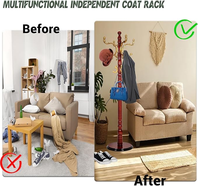 73" Wooden Coat Rack Stand,Coat Racks Freestanding With 14 Hooks And Solid Round Base Heavy Duty Adjustable Height Hall Tree Coat Rack for Entryway Hallway Foyer Office Bedroomf (Begonia)