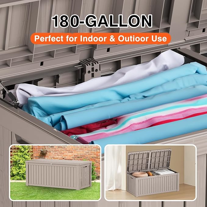 180GAL Brown Versatile Outdoor Deck Box – Waterproof, SGS - Tested UV Protection, Fits Various Storage Needs: Pool Accessories to Gardening Supplies