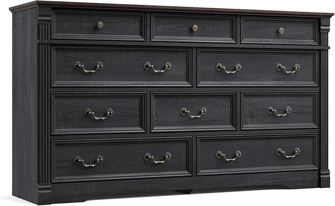 Yaamizz Farmhouse Dresser for Bedroom, 60" Wide 10 Drawer Dressers Storage with Wood Pilasters & Metal Handles, Vintage Design, Drawer Organizer for Bedroom, Hallway, Black