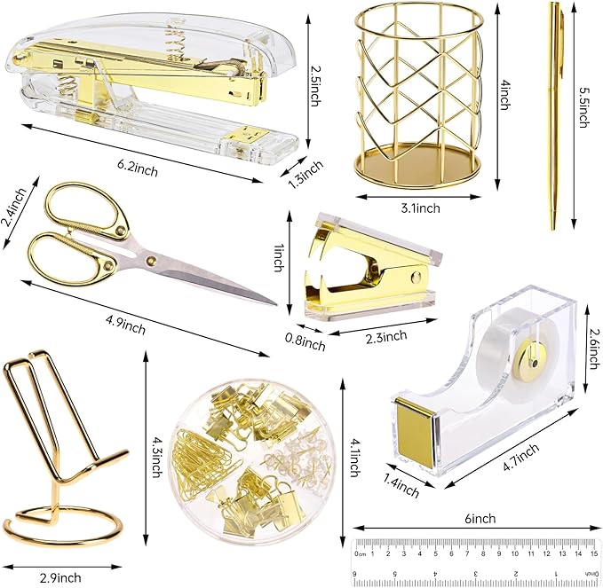EOOUT Gold Office Supplies Set Desk Accessories, Acrylic Stapler Set Staple Remover, Phone Holder, Tape Holder, Pen Holder, 2 Ballpoint Pen, Scissor, Binder Clips, Ruler, Transparent Glue and Staples.