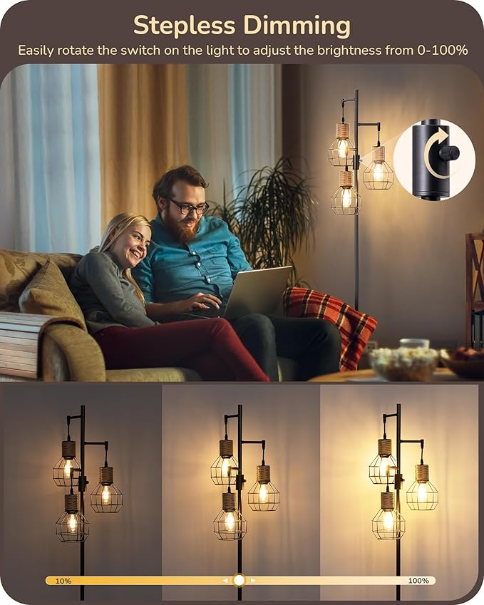 EDISHINE Dimmable Farmhouse Floor Lamp for Living Room, Industrial Black Standing Lamp with 3 LED Edison Bulbs, Corner Rustic Rattan Tall Tree Reading Lamps Home Decor for Bedroom, Office