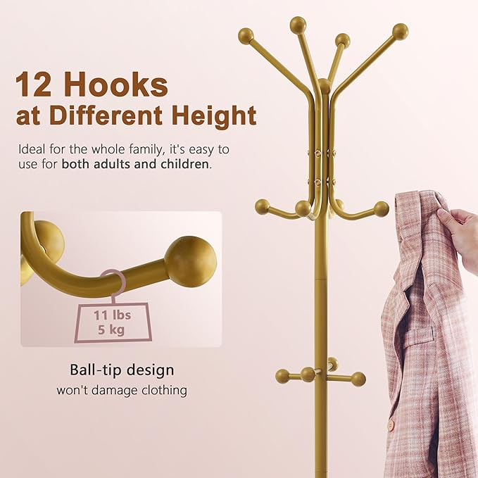 Hoctieon Coat Rack Freestanding, Coat Tree with Umbrella Holder, Metal Coat Rack Stand with 12 Hooks, Standing Coat Hanger Stand, Umbrella Stand for Entryway, Hat Rack Stand for Home Office, Gold