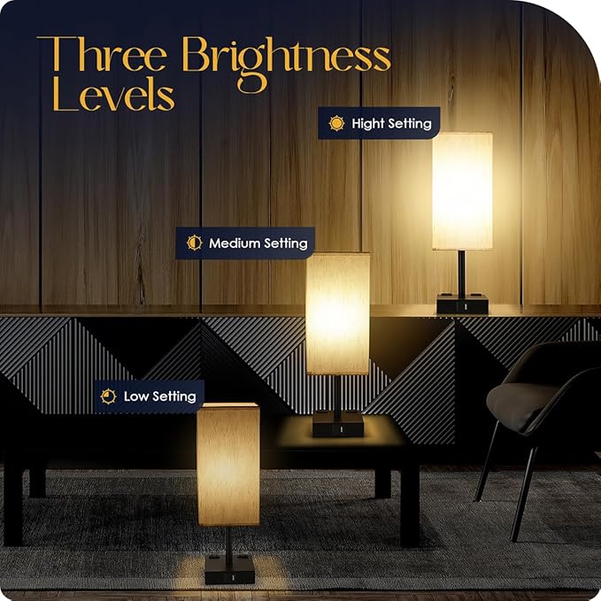 Bedside Table Lamp for Bedroom - Touch Small Lamp with USB C+A Charging Ports & AC Outlets, 3 Way Dimmable Nightstand Light for Living Room (LED Bulb Included, Flaxen)