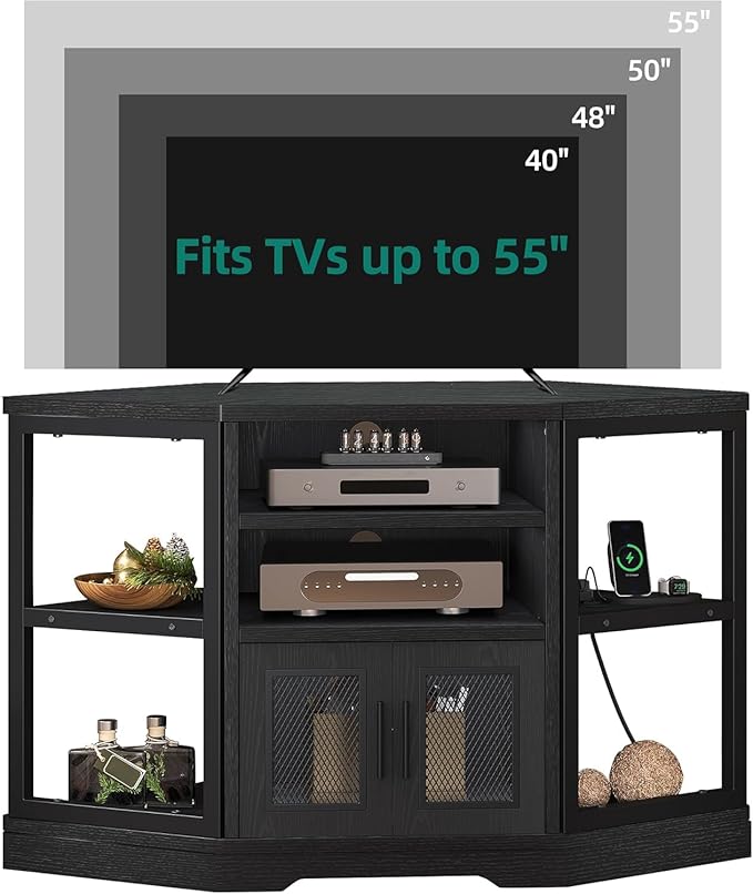 YITAHOME Corner TV Stand for TVs up to 55/50 Inch with Power Outlet, Modern Farmhouse Entertainment Center, Wood TV Media Console with Storage Cabinets Shelves for Living Room, 47" Black