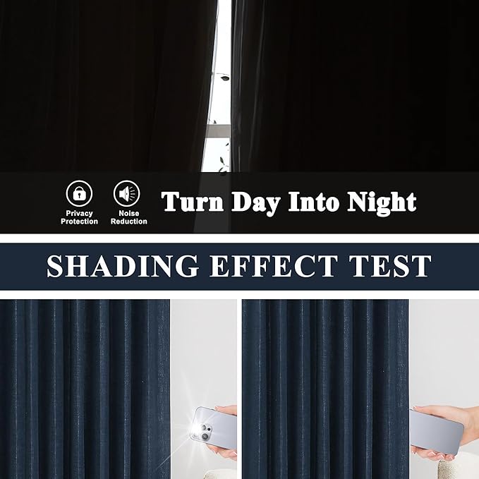 Vision Home Navy Blue Pinch Pleated Full Blackout Curtains Linen Blended Room Darkening Curtain Panels 112 inch for Living Room Bedroom Thermal Insulated Pinch Pleat Drapes with Hooks 40" Wx112 Lx2