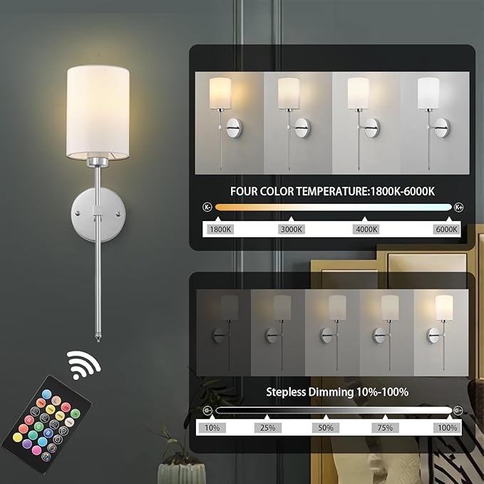 Battery Operated Wall Sconces Set of Two, with Remote Control, Dimmable, 4 Color Temperatures, RGB, Timer, Wireless Rechargeable Wall Light for Living Room, Bedroom, Fireplace, 23.6 Inch, Chrome
