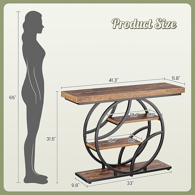 Huuger 41.3 Inch Entryway Table, Industrial Console Sofa Table with Storage, Accent Table with Shelves, for Entry, Hallway, Entrance, Foyer, O-Shaped Metal Frame, Rusitc Brown