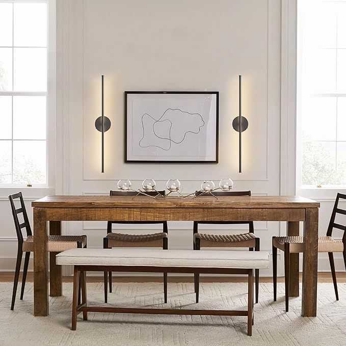 Battery Operated Wall Sconces with Remote Control, Dimmable Wall Sconces Set of Two, 350°Rotate, 3000K LED Black Wireless Wall Light for Living Room, Bedroom,Hallway, 28.3 Inch (2 Pack)