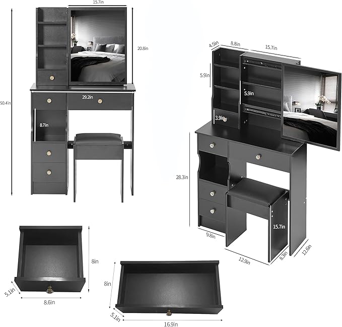 29.2" Small Vanity Desk with Mirror, Makeup Table with Sliding Mirror, Dressing Table with Multi Layer Capacity Storage, Vanity Set with 5 Drawers and Stool for Small Space Bedroom, Black