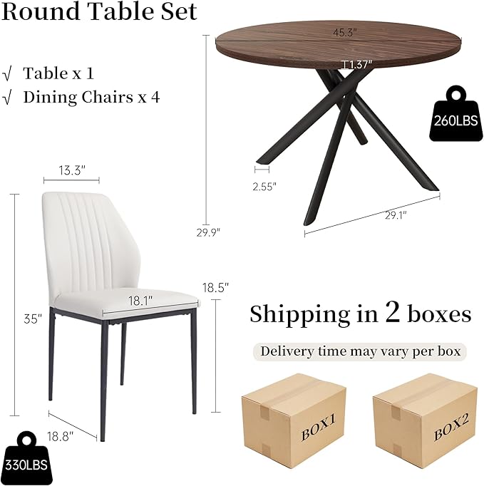 45.3'' Walnut Round Dining Table Set for 4, Mid Century Modern Small Coffee Set for Dining Room Kitchen Apartment (Walnut Table + 4 White Chairs)