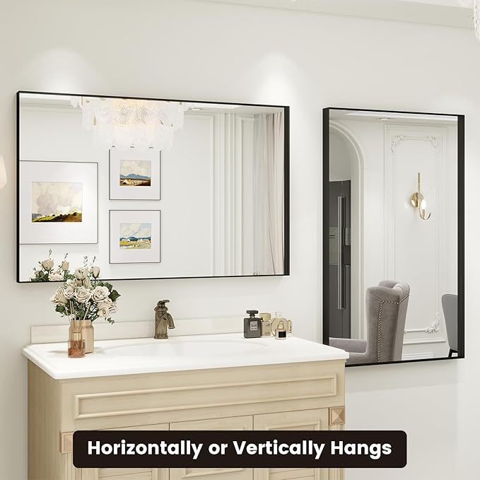 48x30 Inch Black Bthroom Mirror, Black Metal Frame Vanity Mirror for Wall,Square Corner, Rectangle,Tempered Glass,Anti-Rust (Horizontal/Vertical),Bedroom, Living Room, Entryway