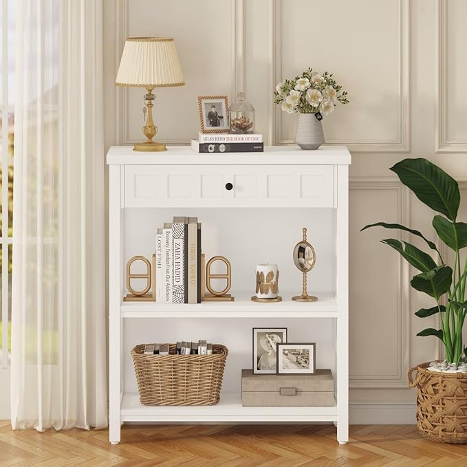 FATORRI Small Bookcase with Drawer, Wood and Metal Bookshelf for Small Space, Short Book Shelf and Low Book Case for Living Room (White Oak)