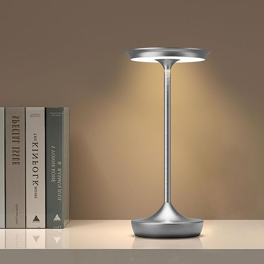 YHT Cordless Rechargeable Table Lamps, Portable 6000mAh Battery Desk Lamp Waterproof 3 Color Stepless Dimming LED Table Light with Memory Function for Outdoor/Dinning/Patio/Restaurant (Sliver 1Pack)