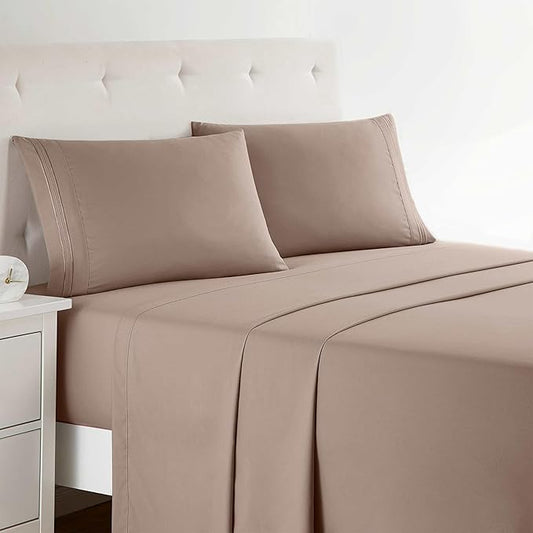 Clara Clark Full XL Bed Sheet Set - Wrinkle, Fade, Stain Resistant, Deep Pocket Sheets - Luxury Soft Bedding Sheets & Pillowcases, Full XL Taupe Sand