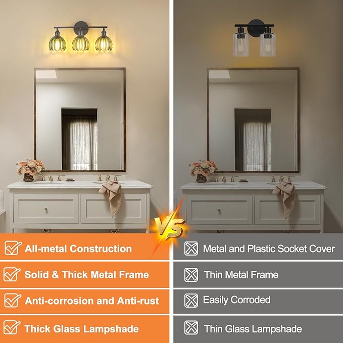 Bathroom Light Fixtures, 3-Light Black Vanity Wall Light Over Mirror with Green Tulip Glass Shade for Bedroom Living Room