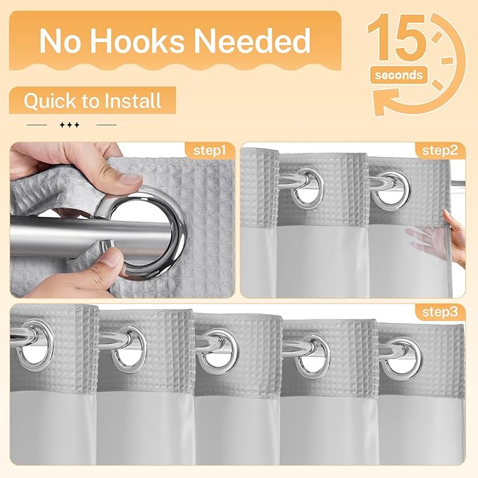 River Dream Gray Fabric Shower Curtain Set, Cotton Blend, Waffle Weave, with Snap in Replacement Liner，71 x 74 inches