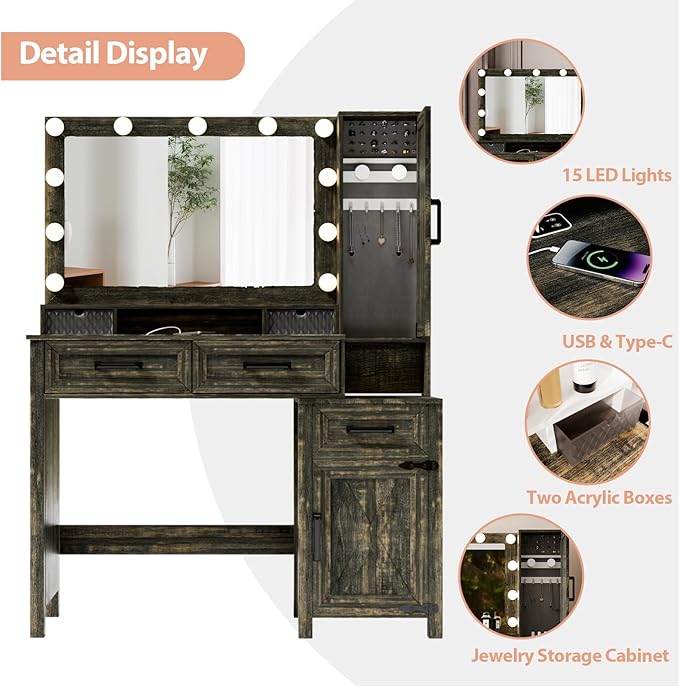 Farmhouse Makeup Vanity, Vanity Desk with Square Mirror, Tricolor Lighting Adjustment & Built-in Charging Station, Multi-Functional Wood Vanity with 2 Drawers & Open Storage Space, Brown