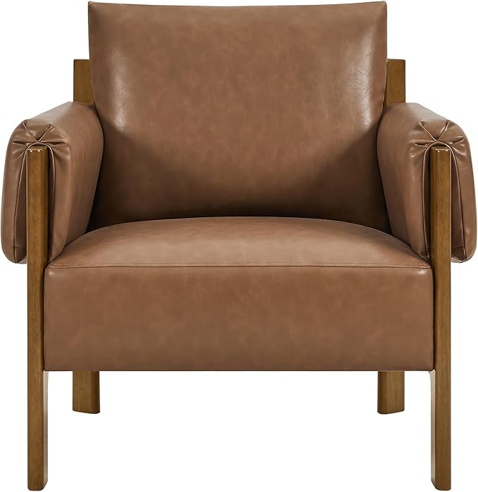 CHITA Accent Chair, Mid Century Modern Upholstery Armchair for Living Room, Solid Wood Frame, Faux Leather in Saddle Brown