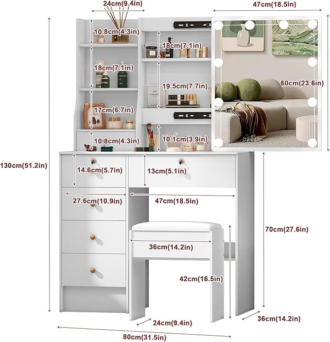 Vanity Desk with Sliding Mirror and Lights, Small Makeup Vanity Table Set with Chair and Drawers, White Vanity with Lighted Mirror for Bedroom, Dressing Table for Teen Girls and Women
