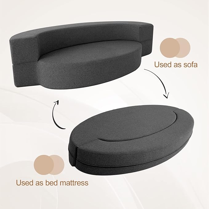 Modern Folding Sofa Bed Couch Memory Foam with 2 Pillows Sleeper Sofa futon Couch for Bedroom Living Room Guests, Washable Set, Stylish Oval 76''L × 41.5''D × 10''H,Dark Gray