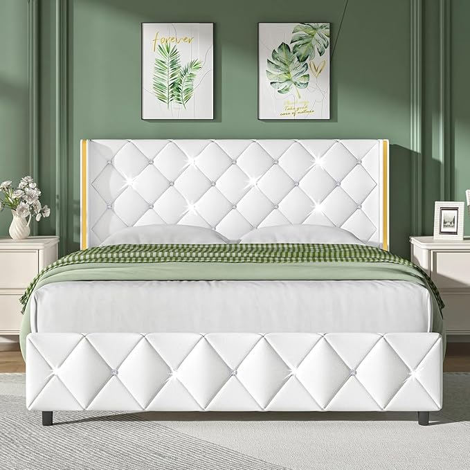 Bed Frame Queen Size with Headboard, Leather Bed with Wingback Design, Modern Diamond Bed Frame with Tufted Deep Button, No Box Spring Needed, Easy Assembly, White