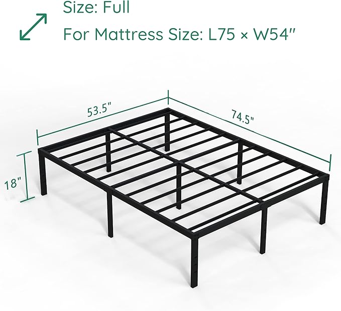 18 Inch Full Size Bed Frame Heavy Duty Metal Platform No Box Spring Needed, Maximum Storage, Easy Assembly, Noise Free, Black