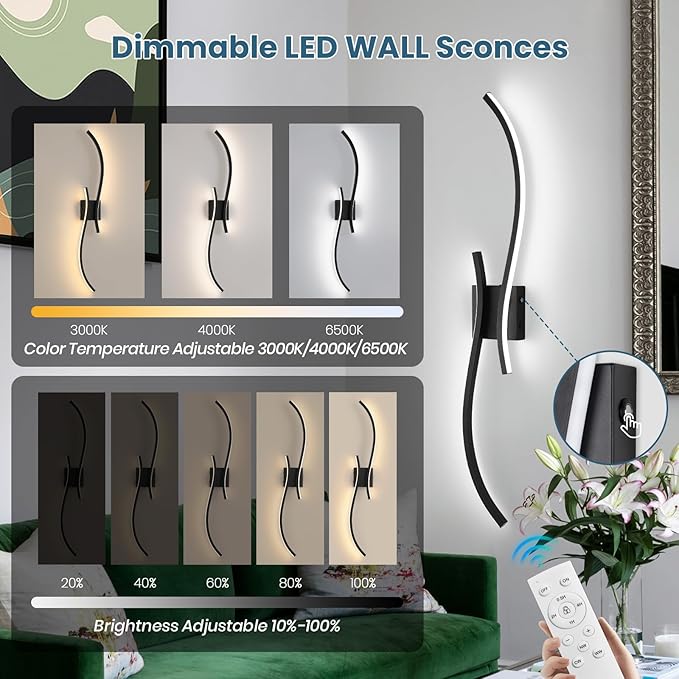 Battery Operated Wall Sconce Set of 2, 18000mAh Black Rechargeable Wall Lights with Remote Control,3000K-6000K Dimmable LED Wireless Wall Light for Living Room Bedroom Hallway,39.3 Inch (Black)