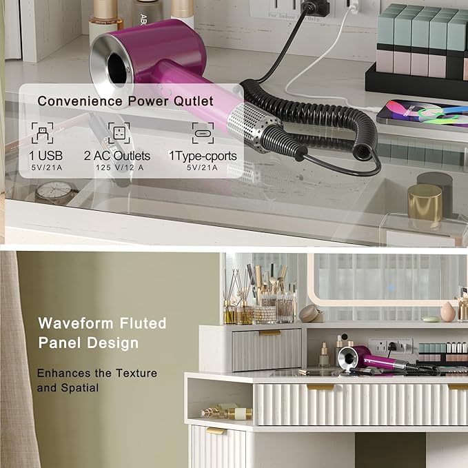 48'' Modern Vanity Desk with HD Triple Mirror & Lights,Large Corner Vanity Table with Glass Top, Charging Station,1Multifunctional Drawers & 2 Small Drawers, Dressing Table Set with 2 Cabinets, White