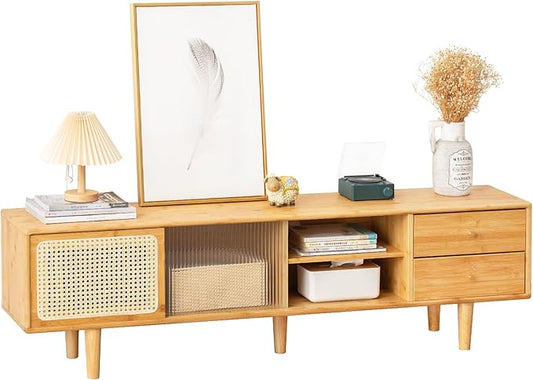 Tiita Rattan TV Stand for 55 60 Inch TV, Bamboo TV Cabinet with 2 Drawers, Boho Entertainment Center with Adjustable Shelf, Mid Century Modern Media Console for Bedroom, Living Room, Study