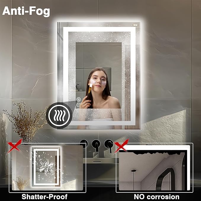 24"x32" LED Bathroom Mirrors for Wall, Front and Backlit Mirror, Anti-Fog Vanity Mirror with Lights, Stepless Dimmable Lighted Mirror, 3 Colors Smart Mirror (Horizontal/Vertical)
