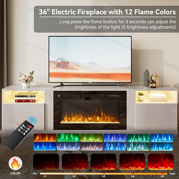 oneinmil 80” TV Stand with 36” Electric Fireplace, Large Modern Media Entertainment Center with Storage Cabinet and 12 Colors LED Lights for TVs Up to 90", Gray TV Stand and Black Fireplace
