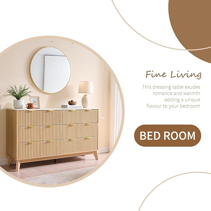 Fluted 6 Drawers Dresser for Bedroom, 55" Wide Modern Chest of Drawers with Metal Handle, Farmhouse Dresser TV Stand, Wood Drawer Organizer for Bedroom, Living Room, Hallway (Natural Oak)