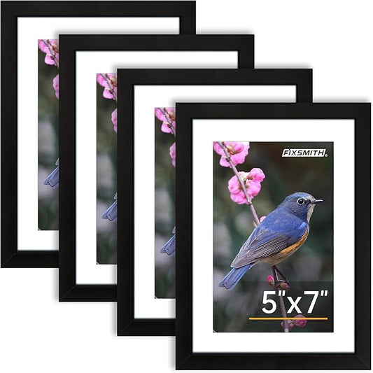 FIXSMITH 5x7 Picture Frame Set of 4, Photo Frame with HD Plexiglass, Display Pictures 4x6 with Mat or 5x7 Without Mat Multi Picture Frames Collage for Tabletop or Wall Display, Black