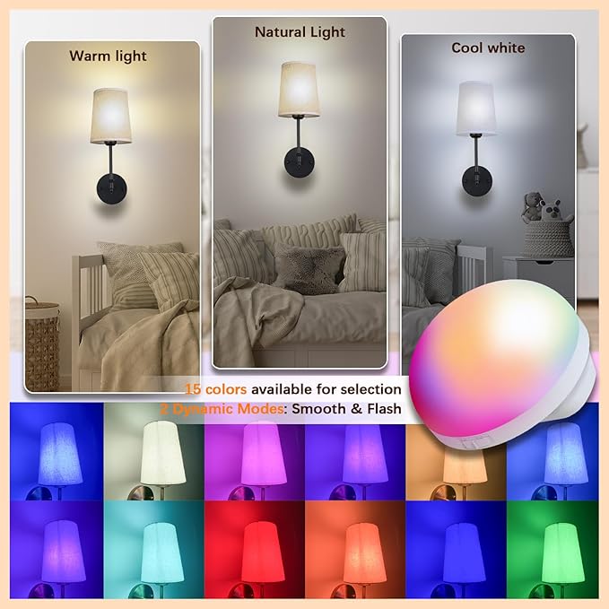 Battery Operated Wall Sconces Set of 2, Black Rechargeable Wall Lights with 15 RGB Dimmable Detachable Bulbs and Remote, Wireless Battery Powered LED Wall Lamp for Living Room Bedroom