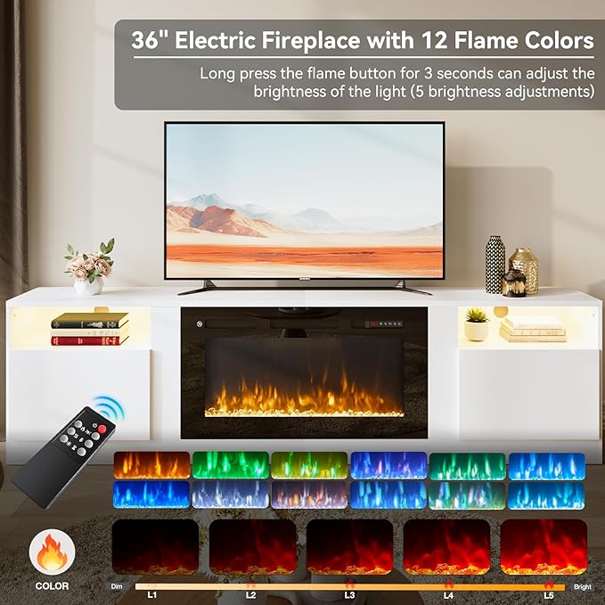 oneinmil 80” TV Stand with 36” Electric Fireplace, Large Modern Media Entertainment Center with Storage Cabinet and 12 Colors LED Lights for TVs Up to 90", White TV Stand and Black Fireplace