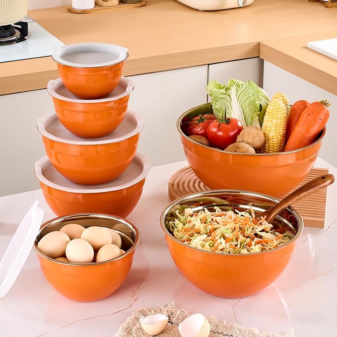 Orange Mixing Bowls with Airtight Lids, Stainless Steel Nesting Mixing Bowls Set of 7, Ideal for Baking, Prepping and Serving Food, Size 7, 3.6, 2.7, 2.1, 1.5, 1.1,0.8 QT, Stackable Design