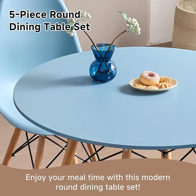 35.5'' 5 Piece Round Dining Table Set for 4, Mid-Century Modern Table with Chairs, Space Saving, Plastic Seats, Wood Legs, Circle Dinner Table for Kitchen, Home, Apartment, Blue