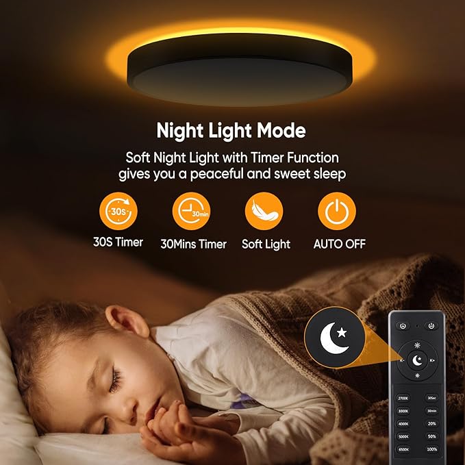 18 Inch Flush Mount Ceiling Light with Remote Control & Night Light, 5CCT Dimmable Ceiling Light Fixture, 43W 4300LM 2700K-6500K Adjustable LED Ceiling Lights for Bedroom Kitchen, Black