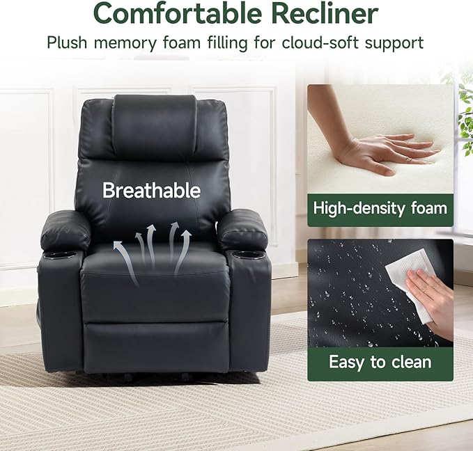 Power Lift Recliner Chair for Elderly with Heat & Massage, 160° Electric Adjustable PU Leather Recliner with Remote Control, Stand Assist, Cup Holders & Side Pockets for Living Room (Black)